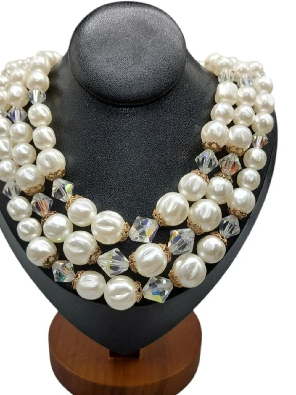 Faux Pearl Choker Multistrand Necklace Aurora Borealis Prism Spacers 16